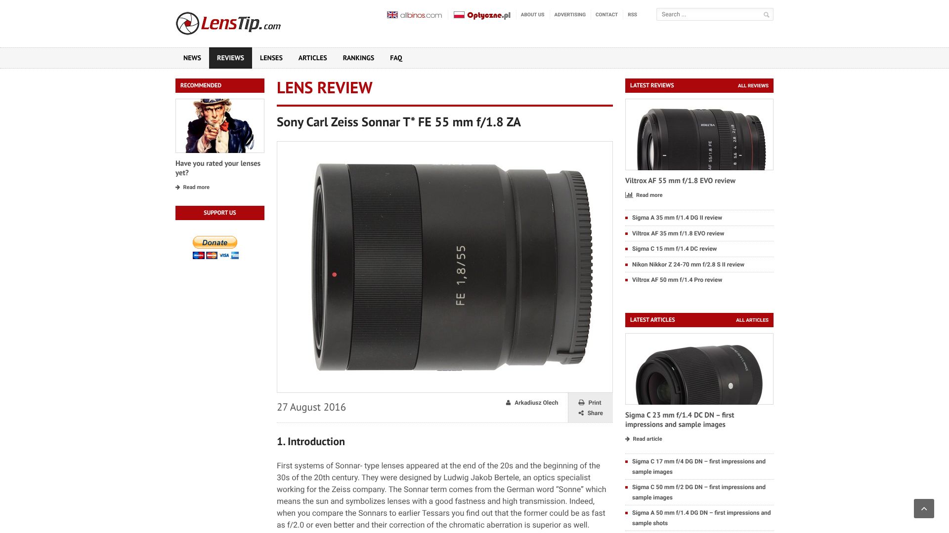 The featured image of Sony Carl Zeiss Sonnar T* FE 55 mm f/1.8 ZA review - User reviews - LensTip.com