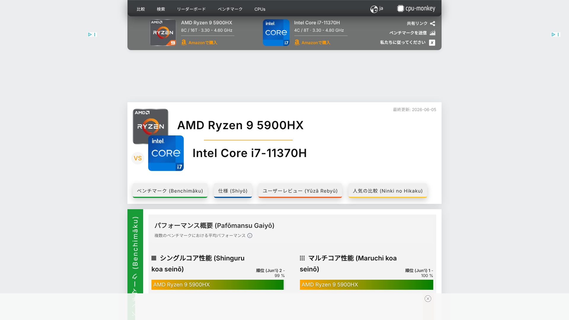 The featured image of AMD Ryzen 9 5900HX vs Intel Core i7-11370H - ベンチマーク、比較、および相違点