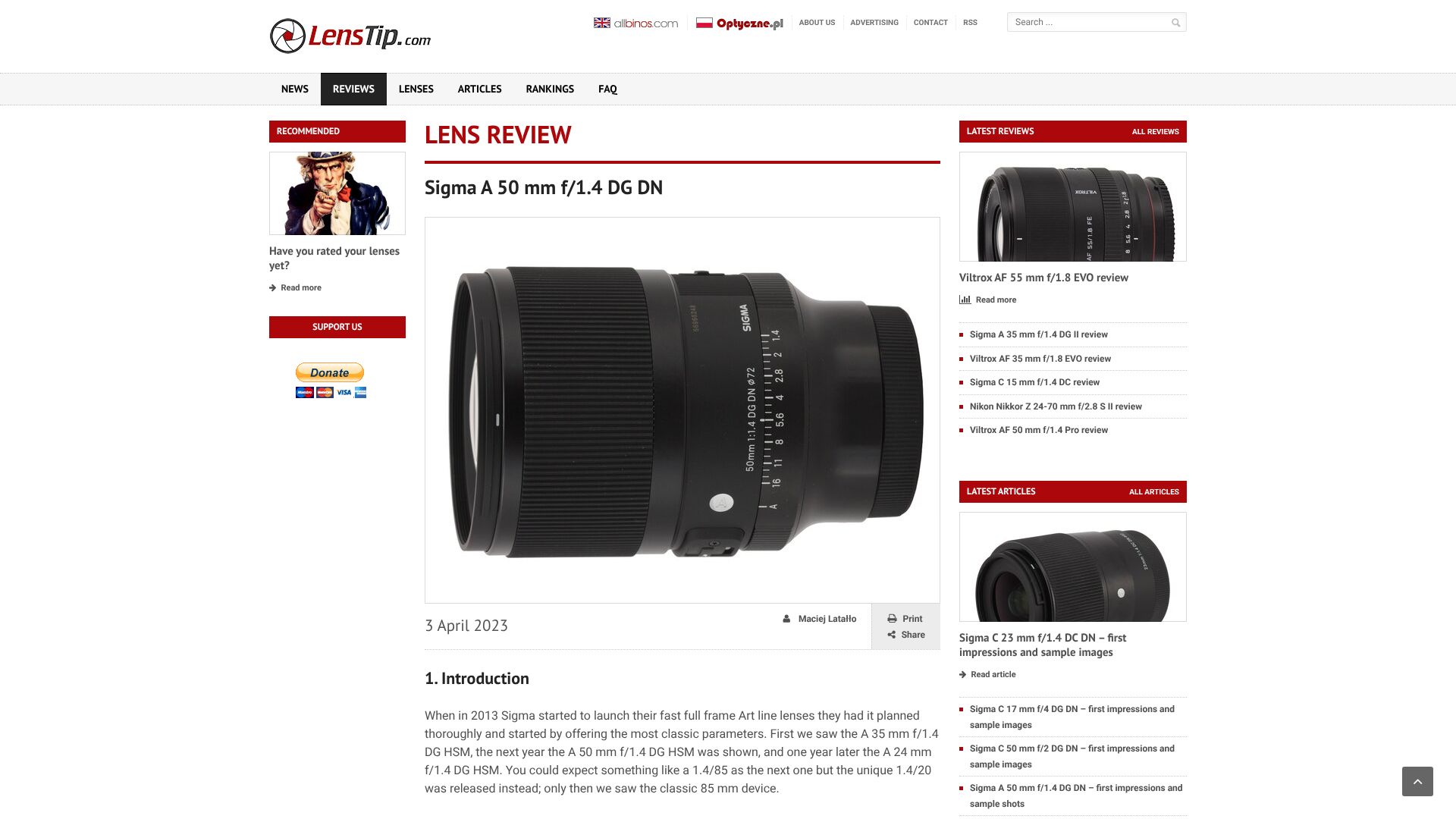 The featured image of Sigma A 50 mm f/1.4 DG DN review - Introduction - LensTip.com